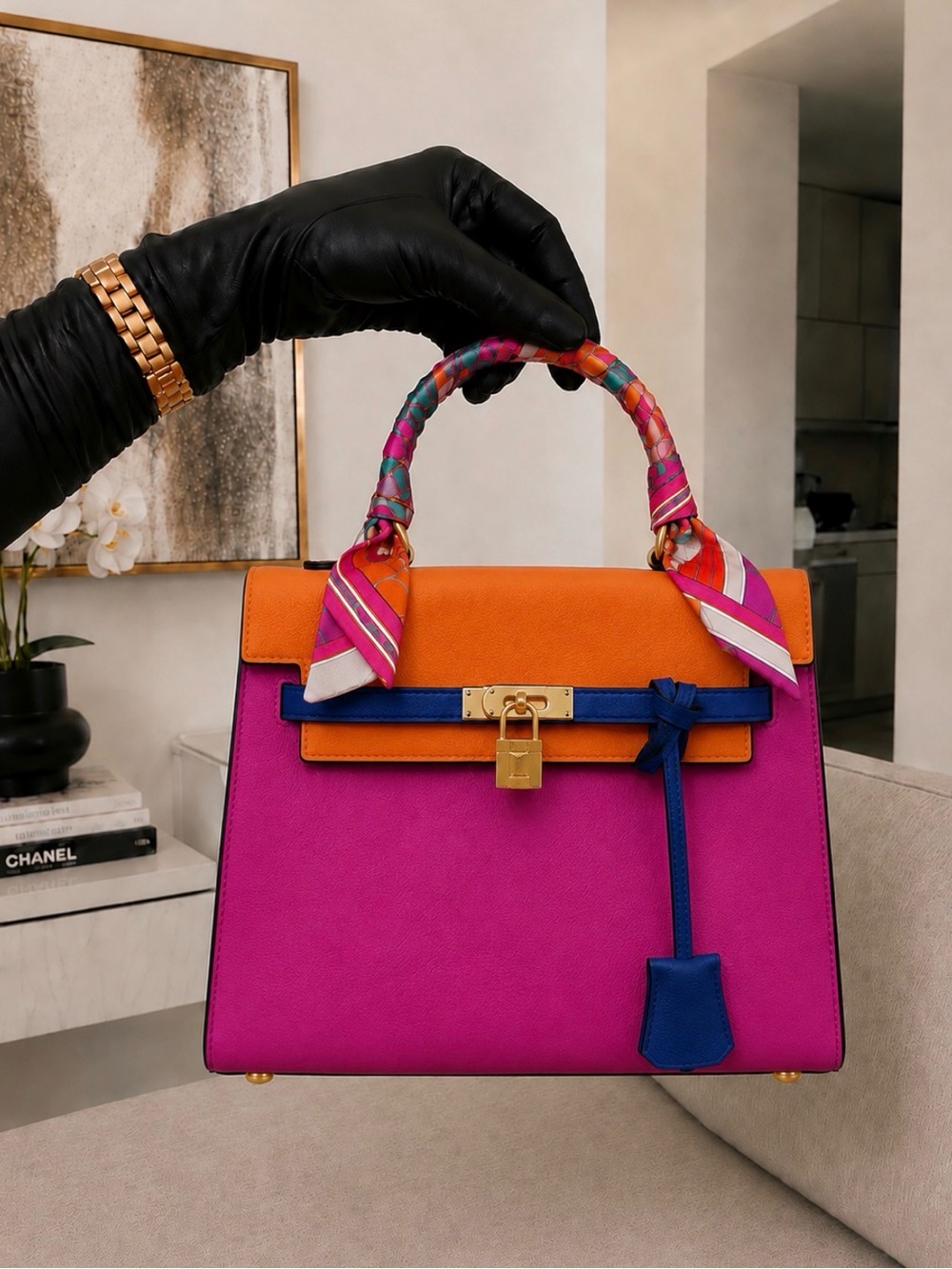 Orange & Fuchsia Top-Handle Leather Satchel with Blue Accents